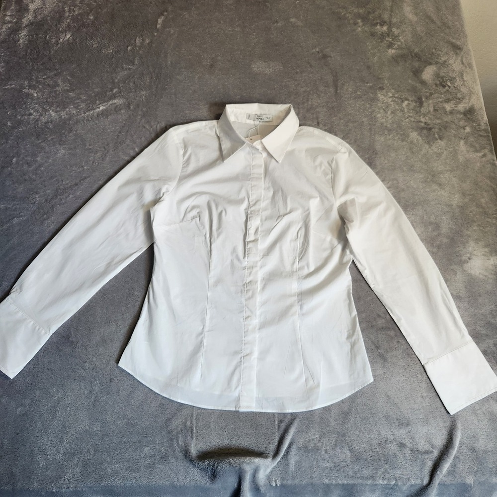 New MNG Mango Slim Fit White Poplin Button Down Shirt Size 6 Dress Top Collared